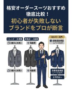 オーダースーツ初心者におすすめのブランドをプロが徹底比較したアイキャッチ画像。トレンド(2着まとめ買い)、本格派(高級感)、コスパ入門(全額返金保証・1万円台)という3つの選び方の基準を図解でわかりやすく解説。