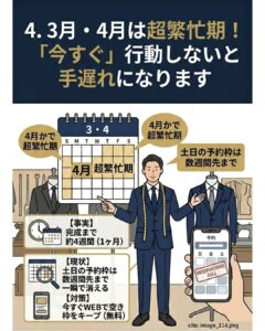 オーダースーツ業界の3月・4月は超繁忙期であることを示す図解。完成まで約1ヶ月(4週間)かかる事実と、土日の来店予約枠がすぐに満員になる現状をカレンダーとスマホ画面で示し、新生活に向けて早めの無料WEB予約を推奨するイラスト。