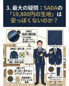 アパレル歴15年のプロが最初のオーダースーツにSADAを激推しする3つの理由。失敗リスクが完全にゼロになる全額返金保証、初回1万円台で作れる圧倒的コスパ、CADによる完璧な専用型紙作成(体型補正)を図解で解説。