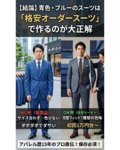 サイズが合わずダボダボな既製品のブルースーツ(左)と、完璧にフィットして理想の色味が選べる1万円台の格安オーダースーツ(右)の比較