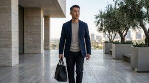 ザ・ロウ(THE ROW)のような上質な黒のレザートートバッグを持つ、40代メンズの洗練されたスマートカジュアルコーディネート