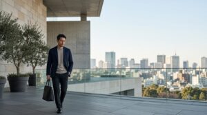 上質な黒のレザートートバッグで全身を格上げした、40代メンズの洗練されたコーディネート風景
