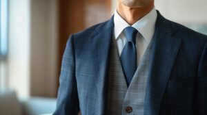 仕事や結婚式などシーン別のマナーに対応する、ネイビースーツとグレーのオッドベストを合わせた洗練された着こなし