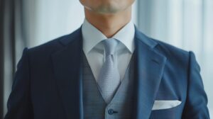 ネイビースーツにライトグレーのオッドベストを合わせた、大人の品格を高めるVゾーンのコーディネート