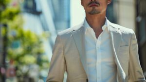 涼しげなライトカラーの夏用オーダースーツをジャストサイズで着こなす40代男性