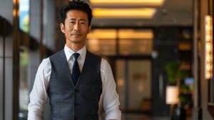 白シャツにダークグレーのベストをスマートに着こなす40代ビジネスマン。一番下のボタンを外すアンボタンマナーを実践
