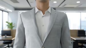 お腹周りに合わせてワンサイズ上の既製品を選んだ結果、肩が落ちてだらしなく見える40代男性のクールビズ失敗例(サマージャケット)