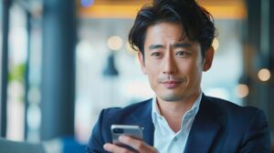 店舗へ行く時間がない多忙な中、スマホでスーツの通販サイトを比較検討する男性