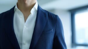 お腹周りをカバーし肩回りがスッキリとフィットした40代向け夏用ネイビーオーダージャケットの美しいシルエット