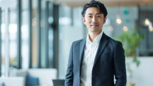ネイビージャケットとグレーパンツを爽やかに着こなす、清潔感のある30代の若々しい男性。体にジャストフィットするオーダーメイドのジャケパンスタイルで、オフィスでの好印象と信頼感を演出