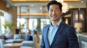 夏のジャケパンスタイル(ビジネスカジュアル)をスマートに着こなす40代役職者の男性。体にジャストフィットしたオーダーのネイビージャケットと爽やかなブルーシャツで清潔感と大人の余裕を演出