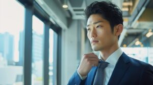 安っぽく見えない洗練されたネイビースーツを着こなす男性。ユニクロとGUのメンズスーツの違いと選び方のイメージ画像