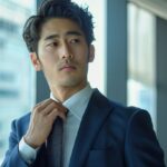 ⁠ネクタイを締めるネイビースーツ姿の30代男性。ユニクロ・GUとオーダースーツを比較・解説する記事のアイキャッチ画像⁠