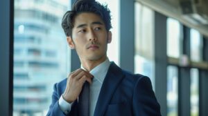 ネクタイを締めるネイビースーツ姿の30代男性。ユニクロ・GUとオーダースーツを比較・解説する記事のアイキャッチ画像