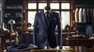 テーラーに飾られた仕立ての良いシワのないネイビースーツのトルソー。既製服からステップアップしたオーダースーツのイメージ画像