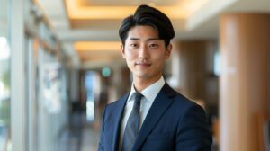 ビジネスや冠婚葬祭のシーンでネイビースーツを着用して微笑む男性。ユニクロ・GUスーツの着用シーン別(仕事・就活など)比較イメージ