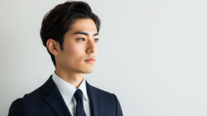 オーダースーツのネット注文において、自分で採寸する面倒さやサイズの失敗について真剣に考えているビジネスマン