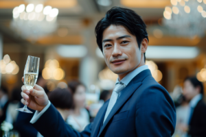 結婚式やパーティーに適したネイビースーツと、華やかなクレリックシャツにシルバーネクタイを合わせた洗練された着こなし